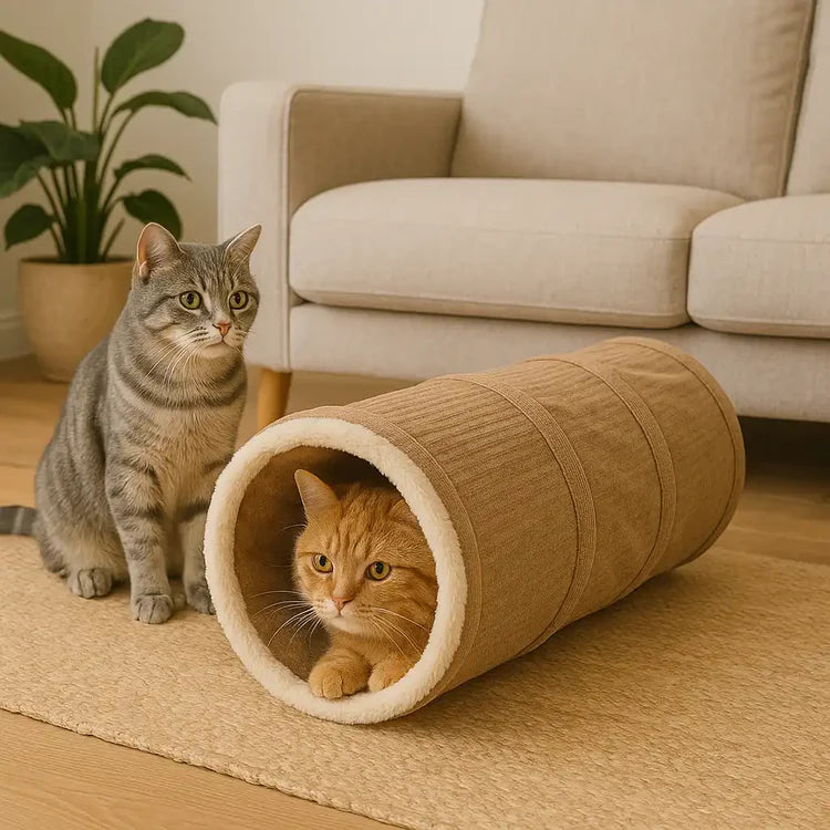 Zwei Katzen mit braunem Katzentunnel aus Plüsch im Wohnzimmer