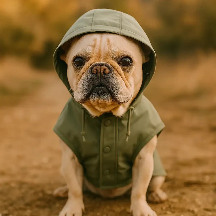 Französische Bulldogge in olivgrüner Kapuzenjacke für Hunde