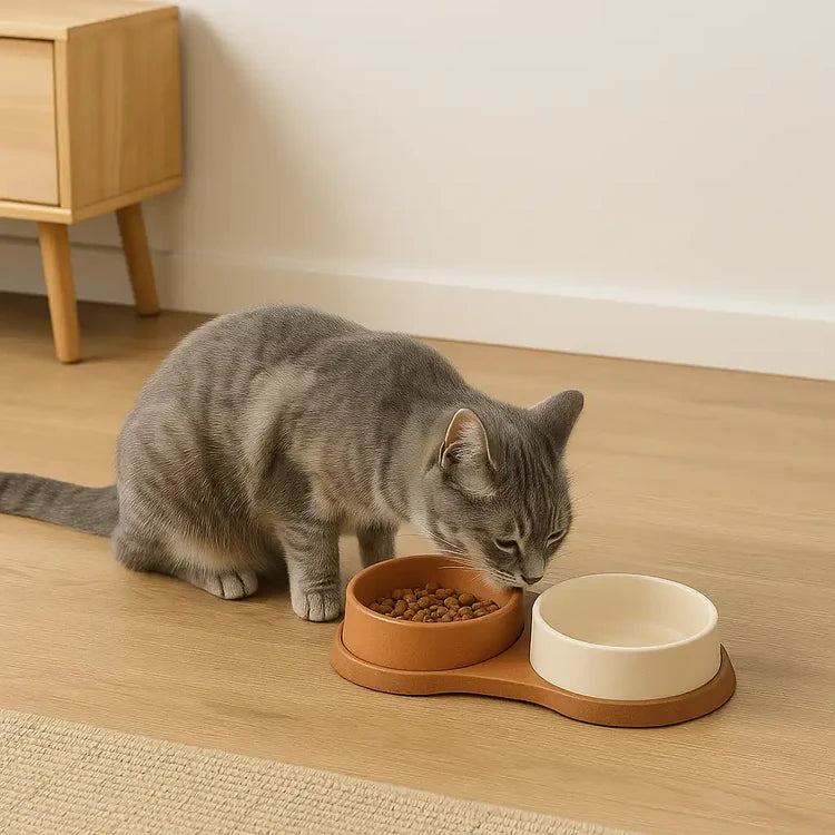 Graue Katze frisst aus braunem Doppelnapf-Set für Futter und Wasser