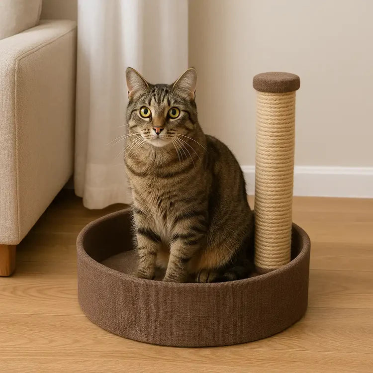 Katze in braunem Kratzbaum mit Sisalsäule und Liegeplatz