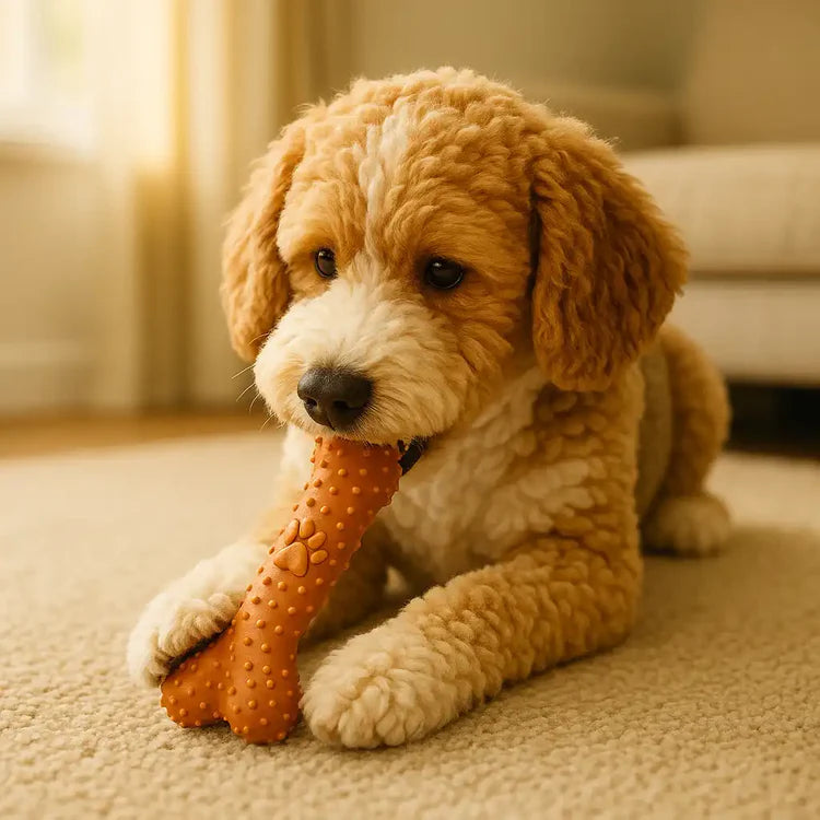 Goldendoodle Welpe spielt mit orangem Hundespielzeug-Knochen